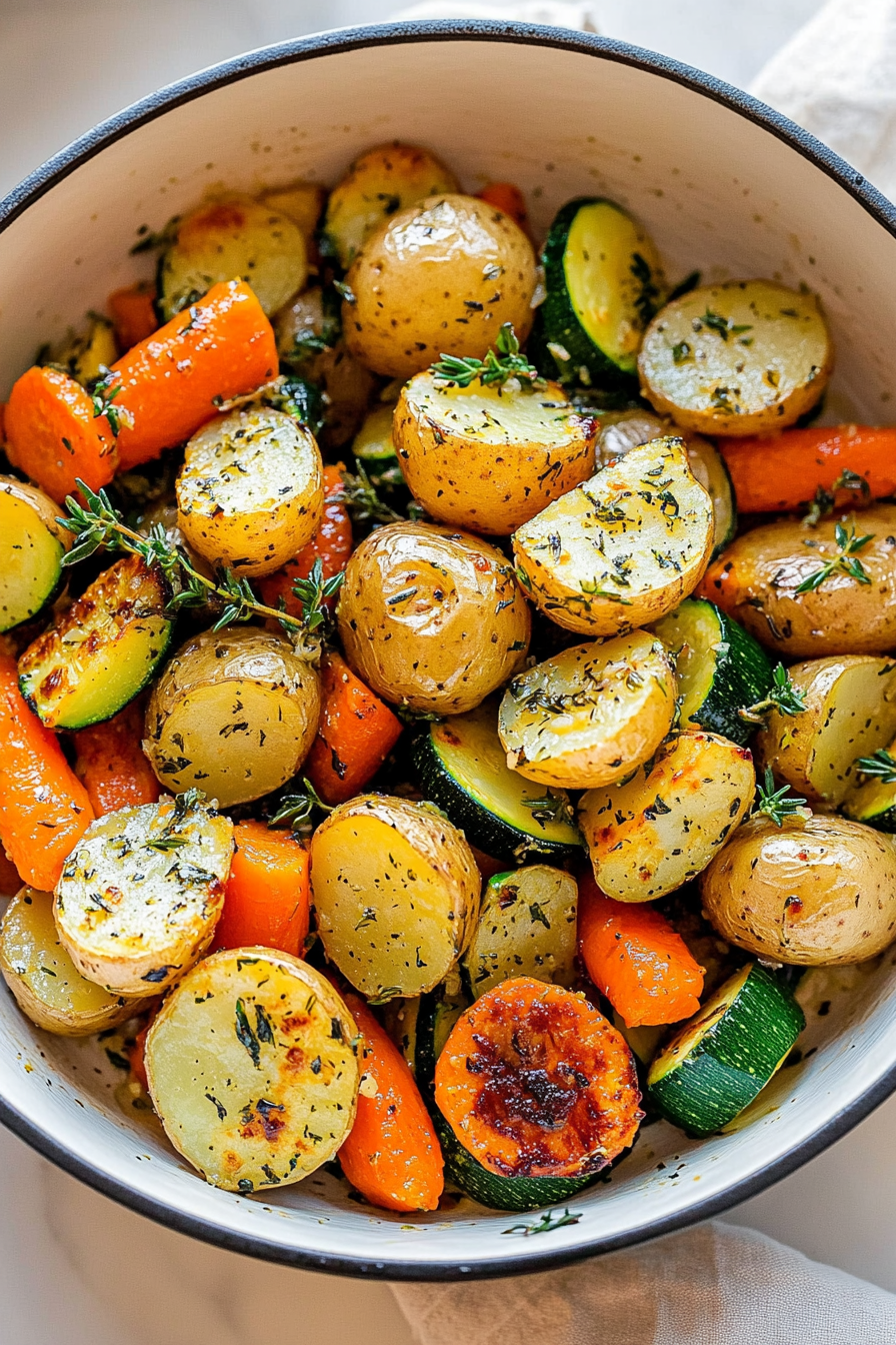 Delicious roasted potatoes recipe freshly prepared on a white plate.