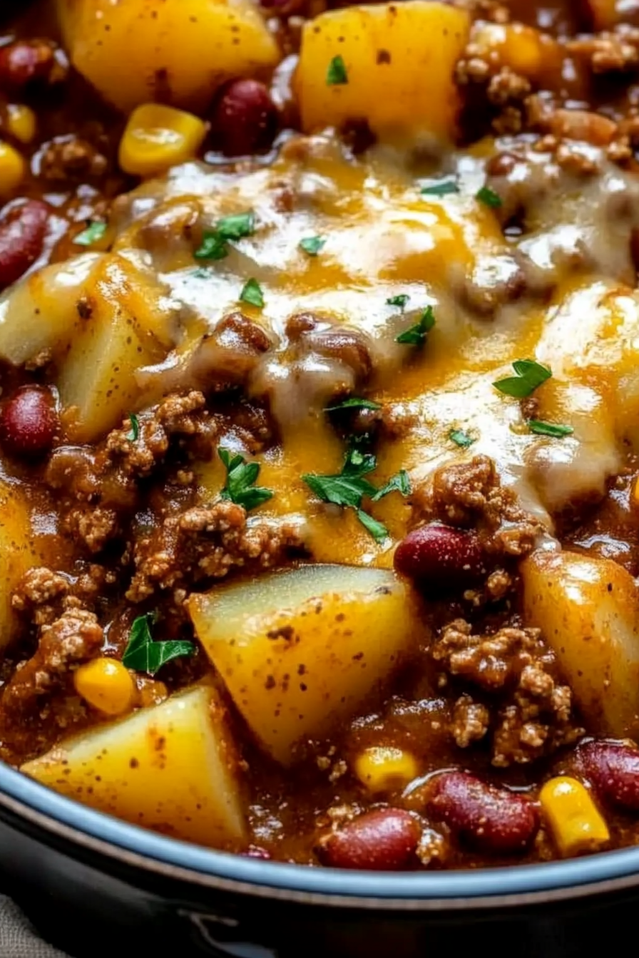 Hearty slow cooker cowboy casserole with ground beef, beans, corn, and melted cheese, served in a rustic bowl with garnish